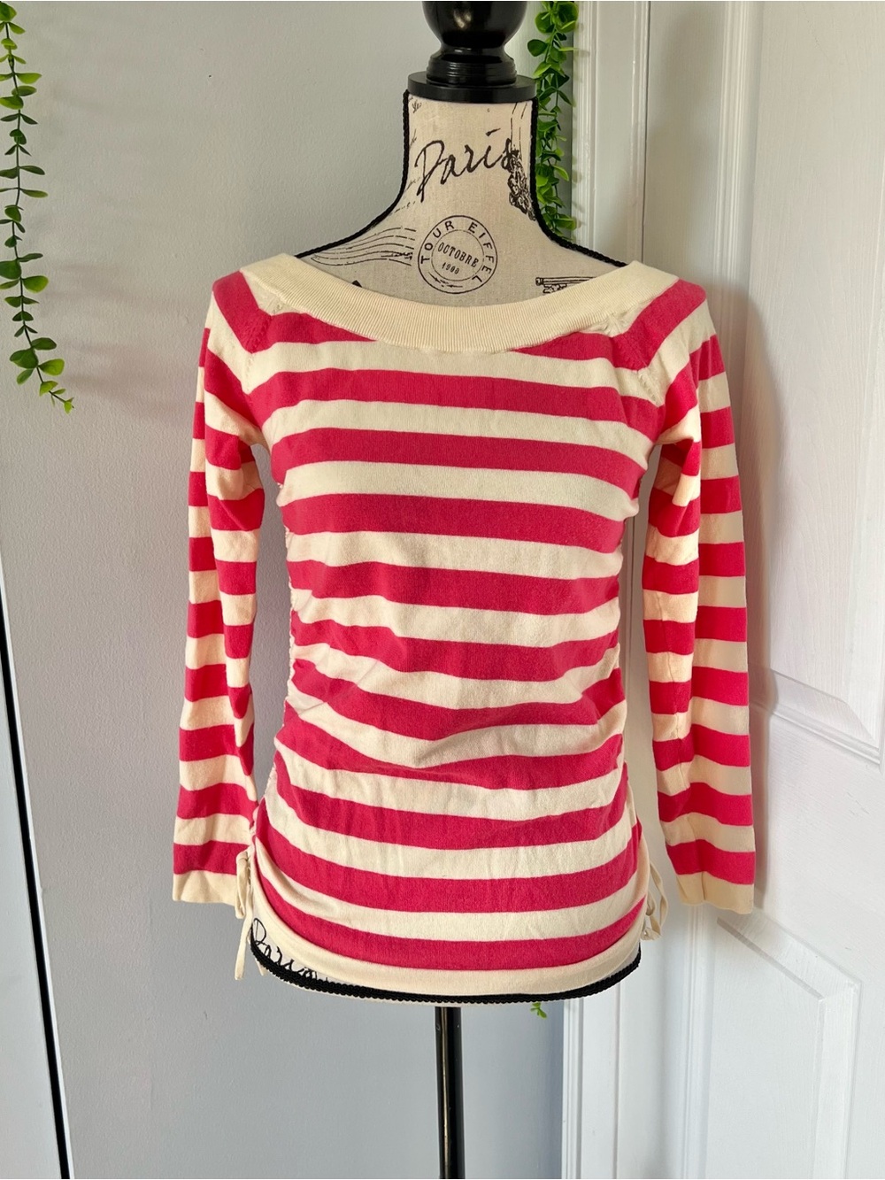 Theory Cream & Pink Striped Boatneck Long Sleeve Top